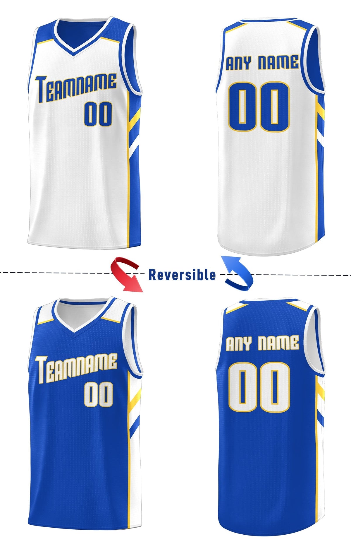 Custom Royal White-Yellow Double Side Tops Fashion Basketball Jersey