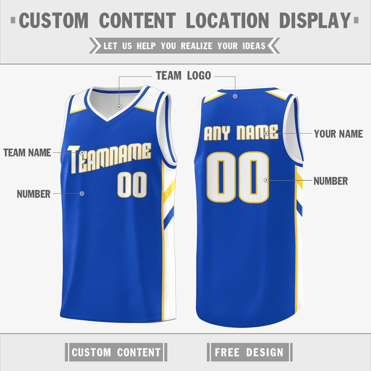 Custom Royal White-Yellow Double Side Tops Fashion Basketball Jersey