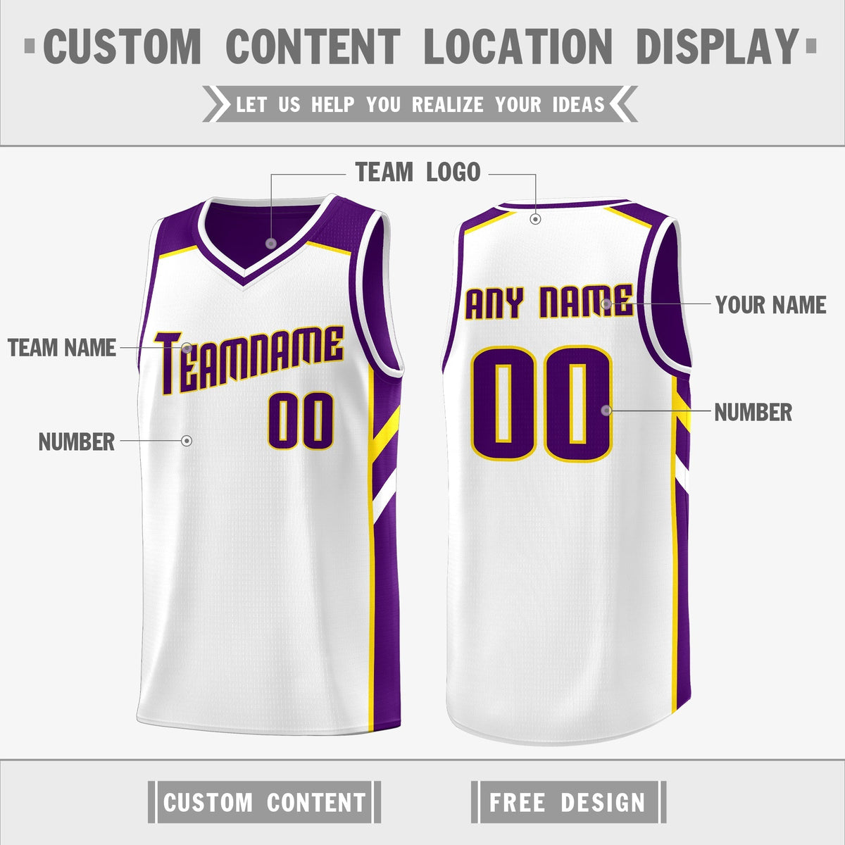 Custom Purple White-Yellow Double Side Tops Casual Basketball Jersey