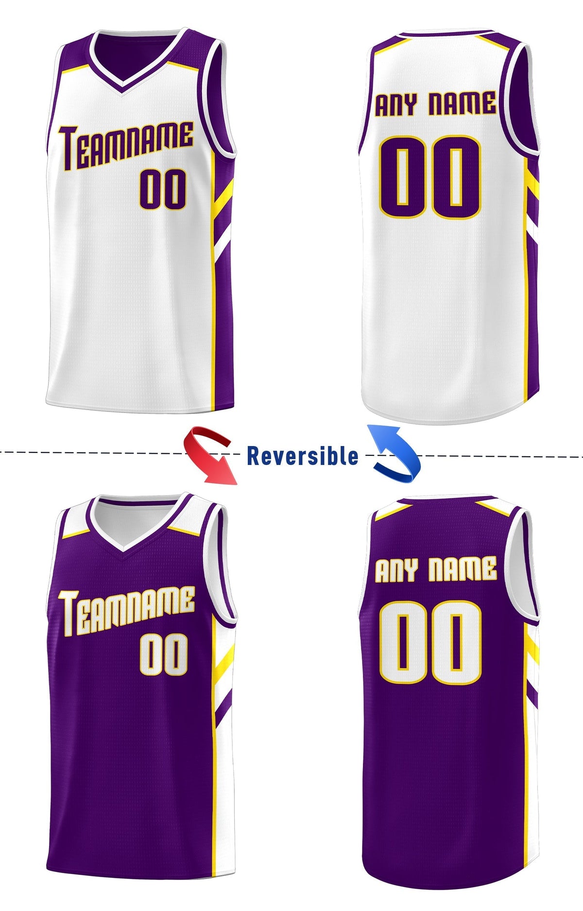 Custom Purple White-Yellow Double Side Tops Casual Basketball Jersey