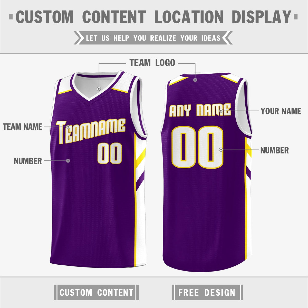 Custom Purple White-Yellow Double Side Tops Casual Basketball Jersey