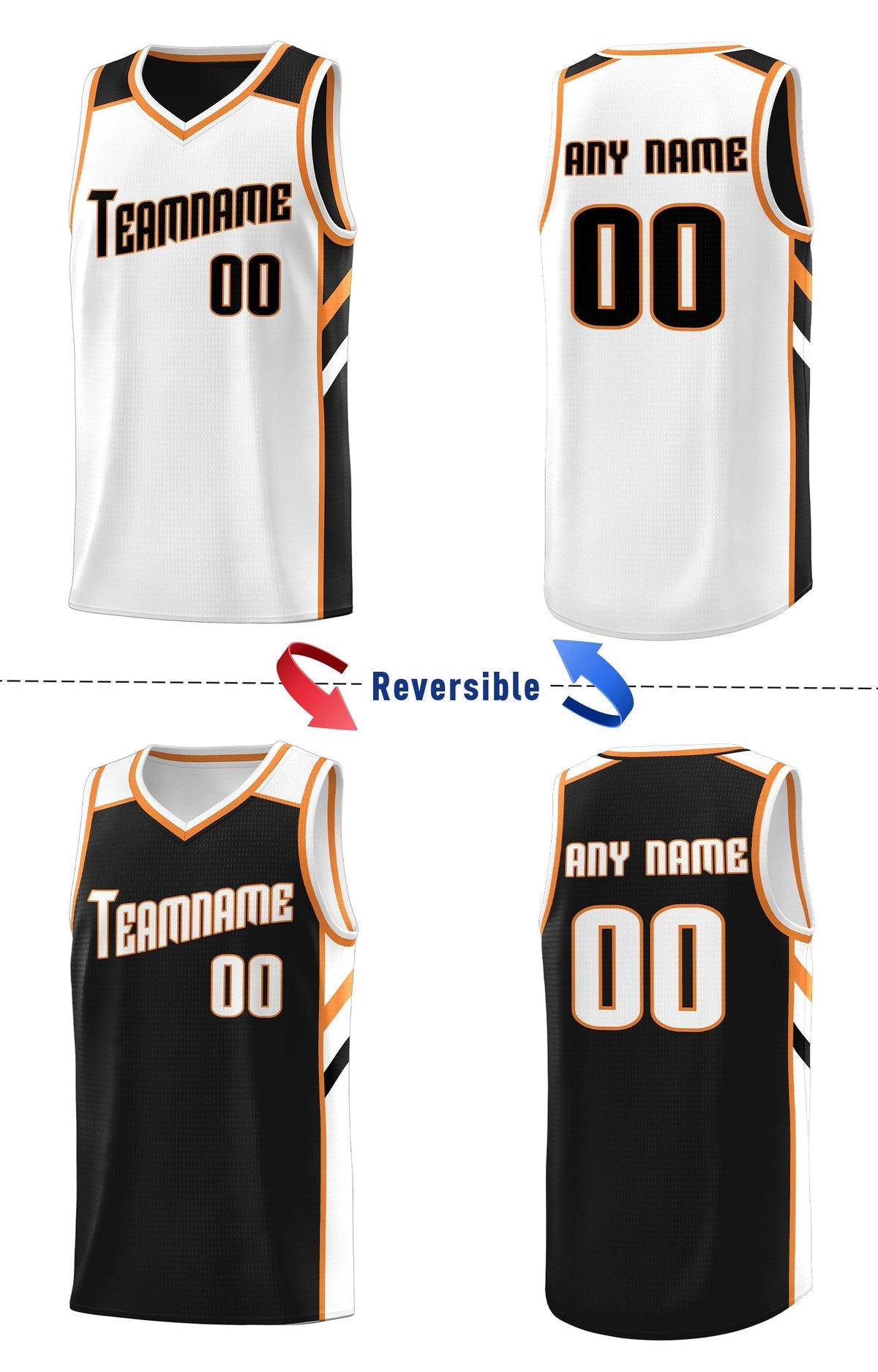 Custom Reversible Black White-Orange Basketball Jersey