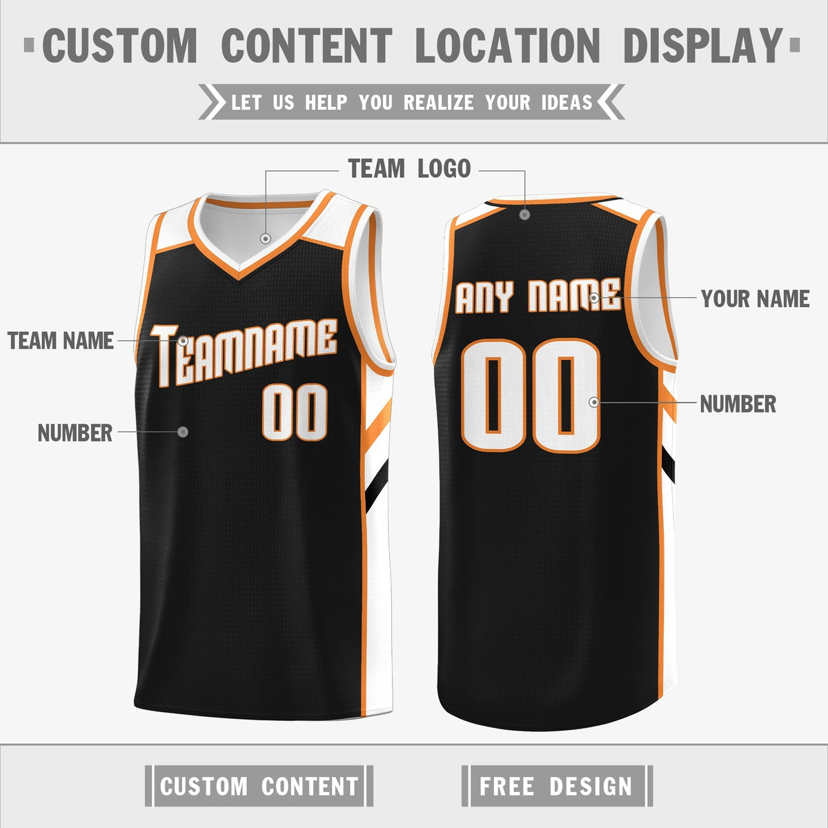 Custom Reversible Black White-Orange Basketball Jersey