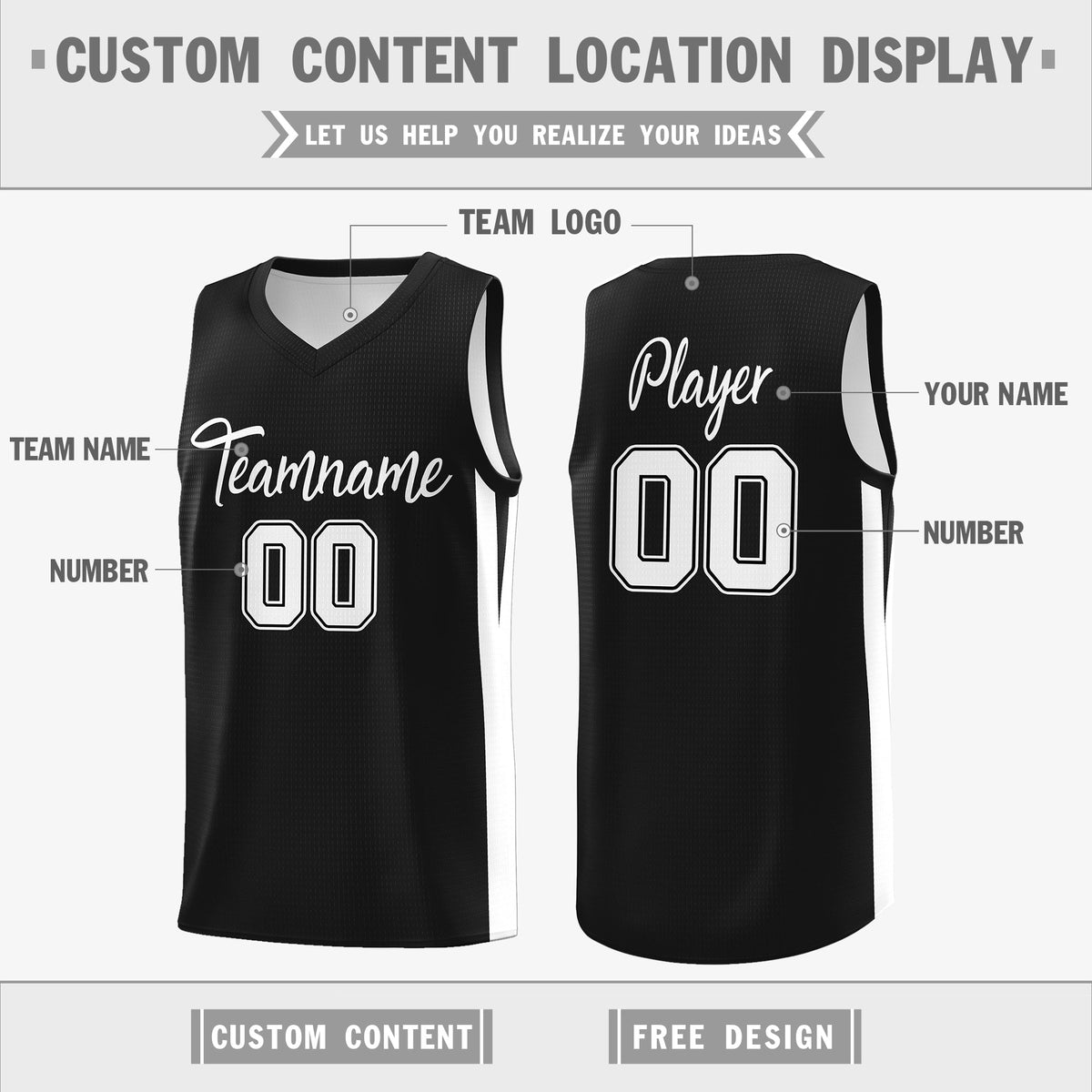 Custom Black White Double Side Tops Athletic Basketball Jersey