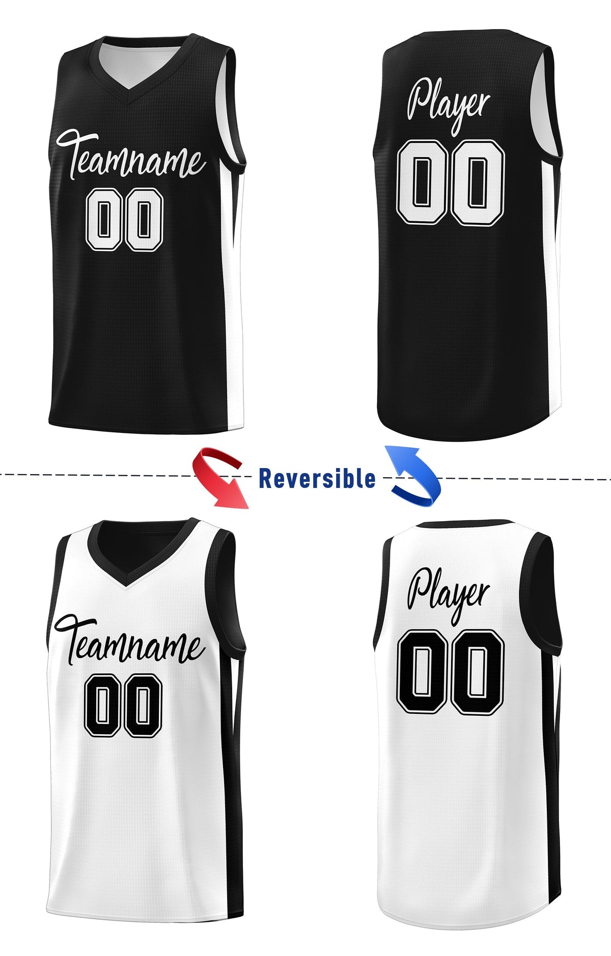 Custom Black White Double Side Tops Athletic Basketball Jersey