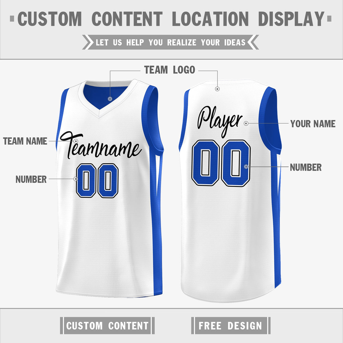 Custom Royal White Double Side Tops Athletic Basketball Jersey