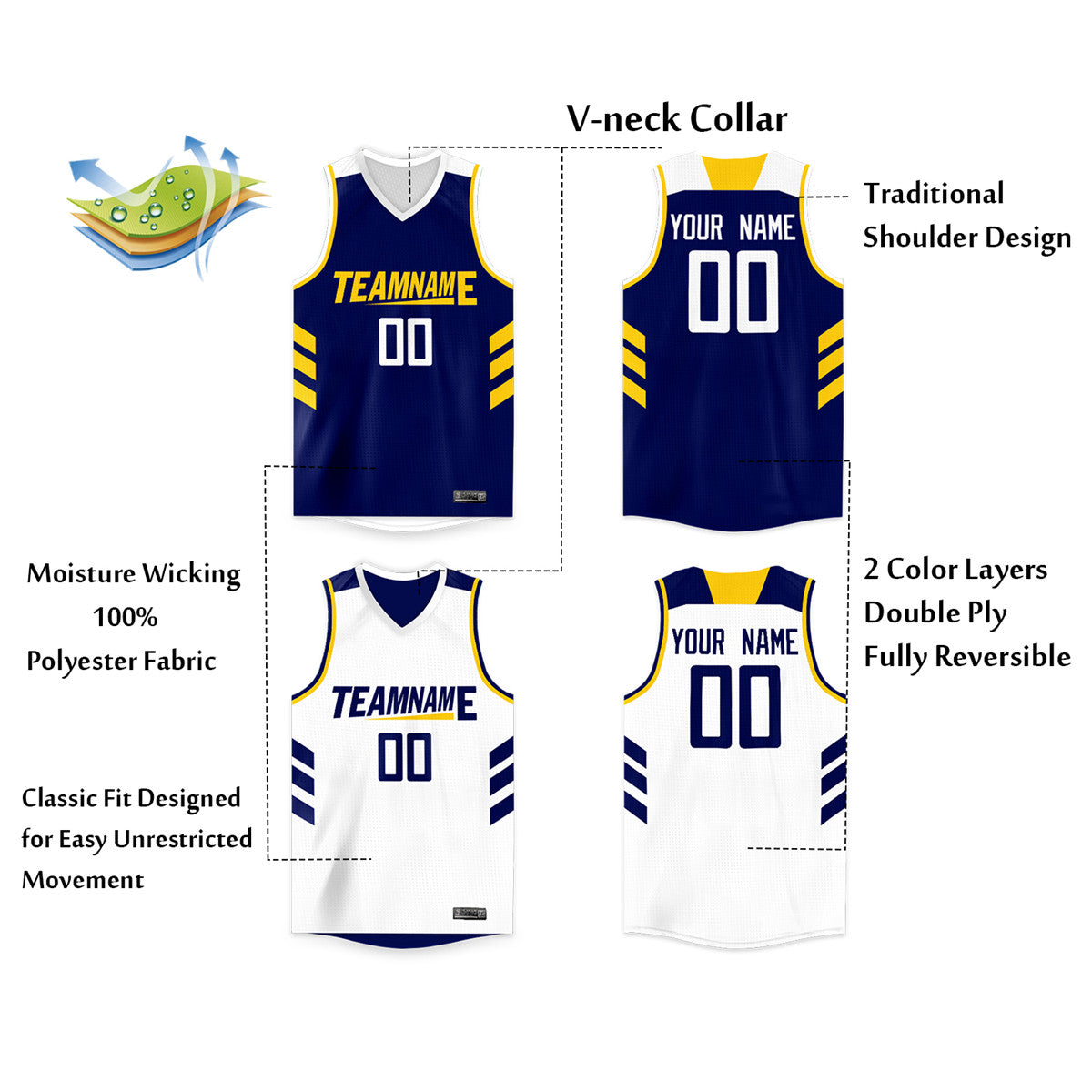 Custom White Navy-Yellow Double Side Tops Men/Boy Basketball Jersey