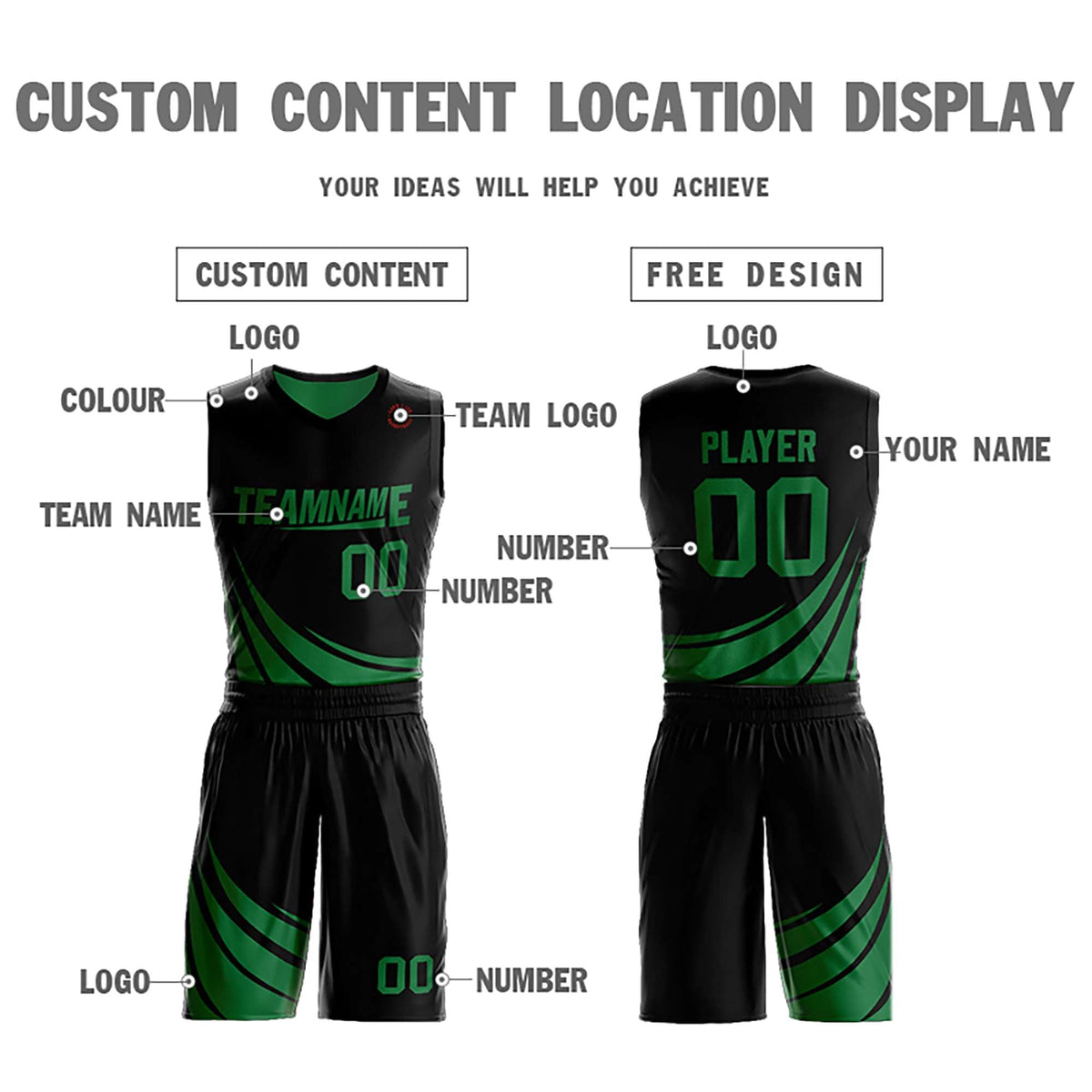 Custom Black Green Double Side Sets Design Sportswear Basketball Jersey