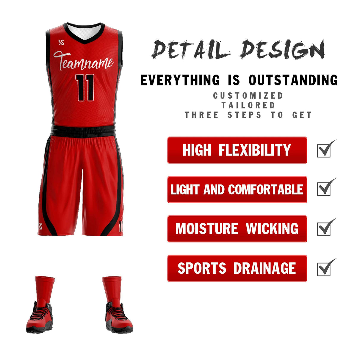 Custom Red White Double Side Sets Design Sportswear Basketball Jersey