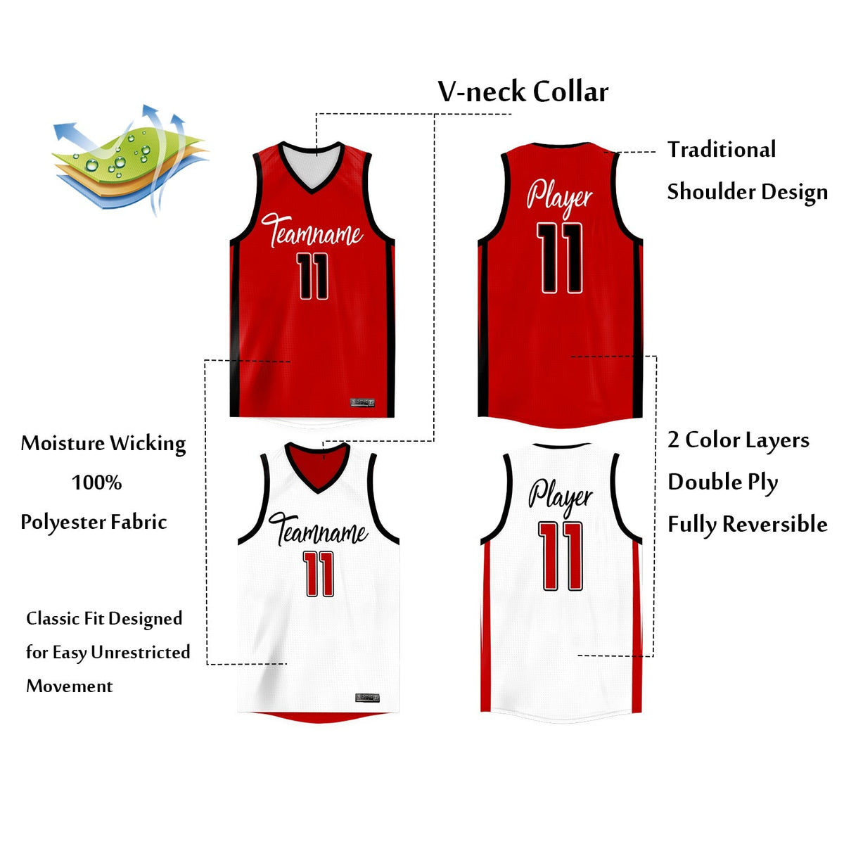 Custom Red White Reversible Mesh Basketball Jersey Personalized Double Side Tops