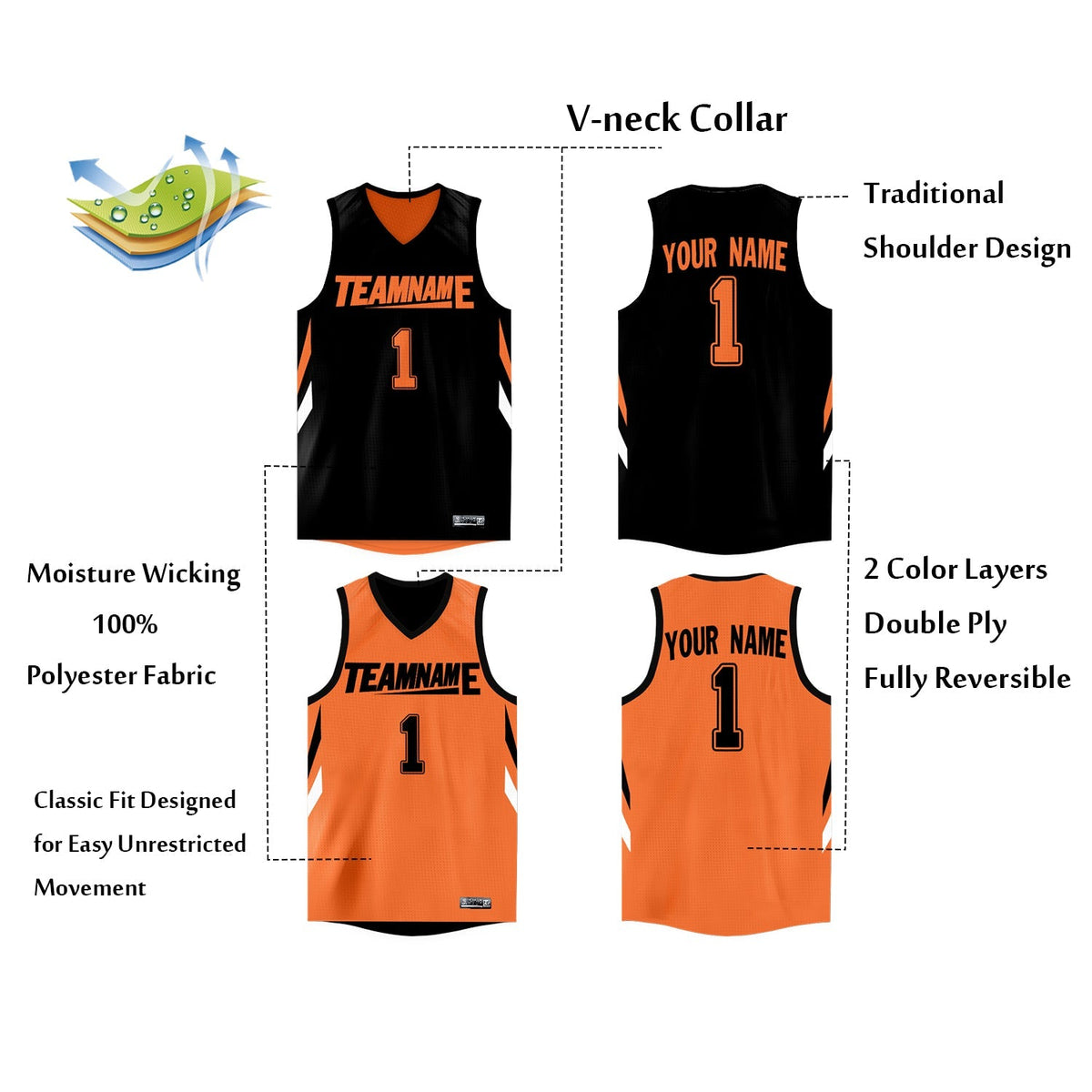 Custom Black Orange  Double Side Tops Athletic Basketball Jersey