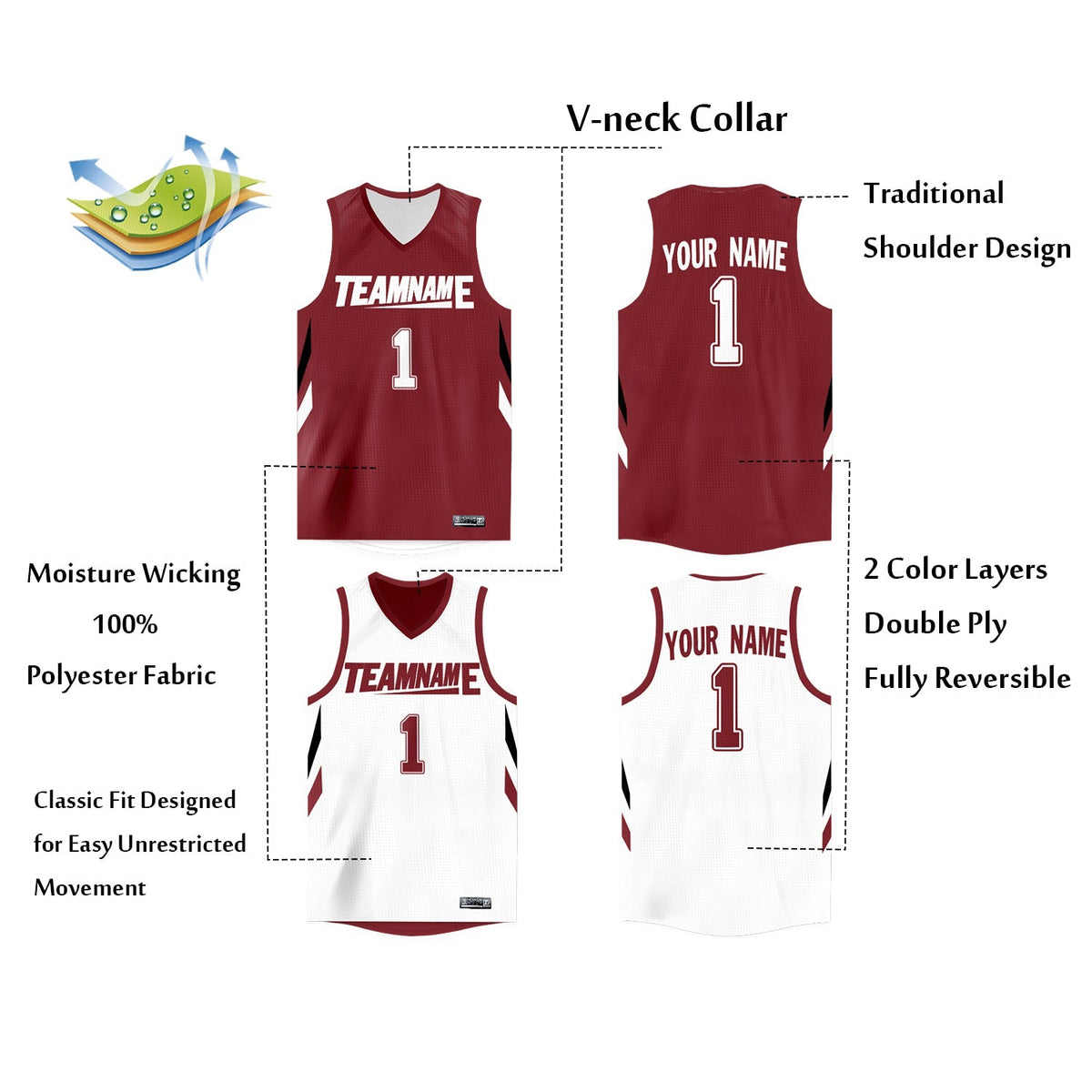 Custom Crimson White  Double Side Tops Athletic Basketball Jersey