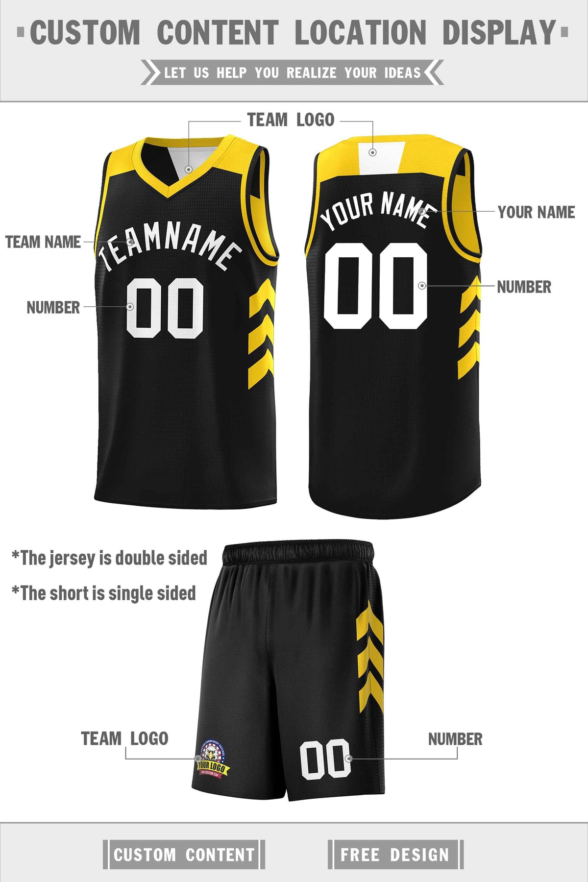 Custom Black Yellow Double Side Sets Men Basketball Jersey