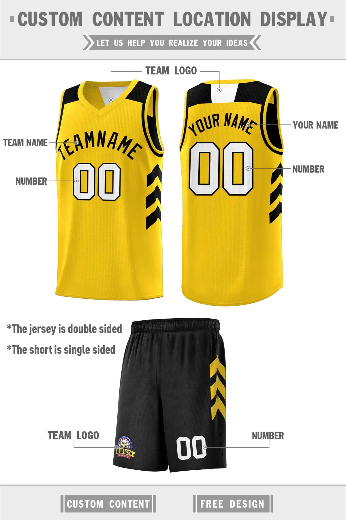 Custom Black Yellow Double Side Sets Men Basketball Jersey