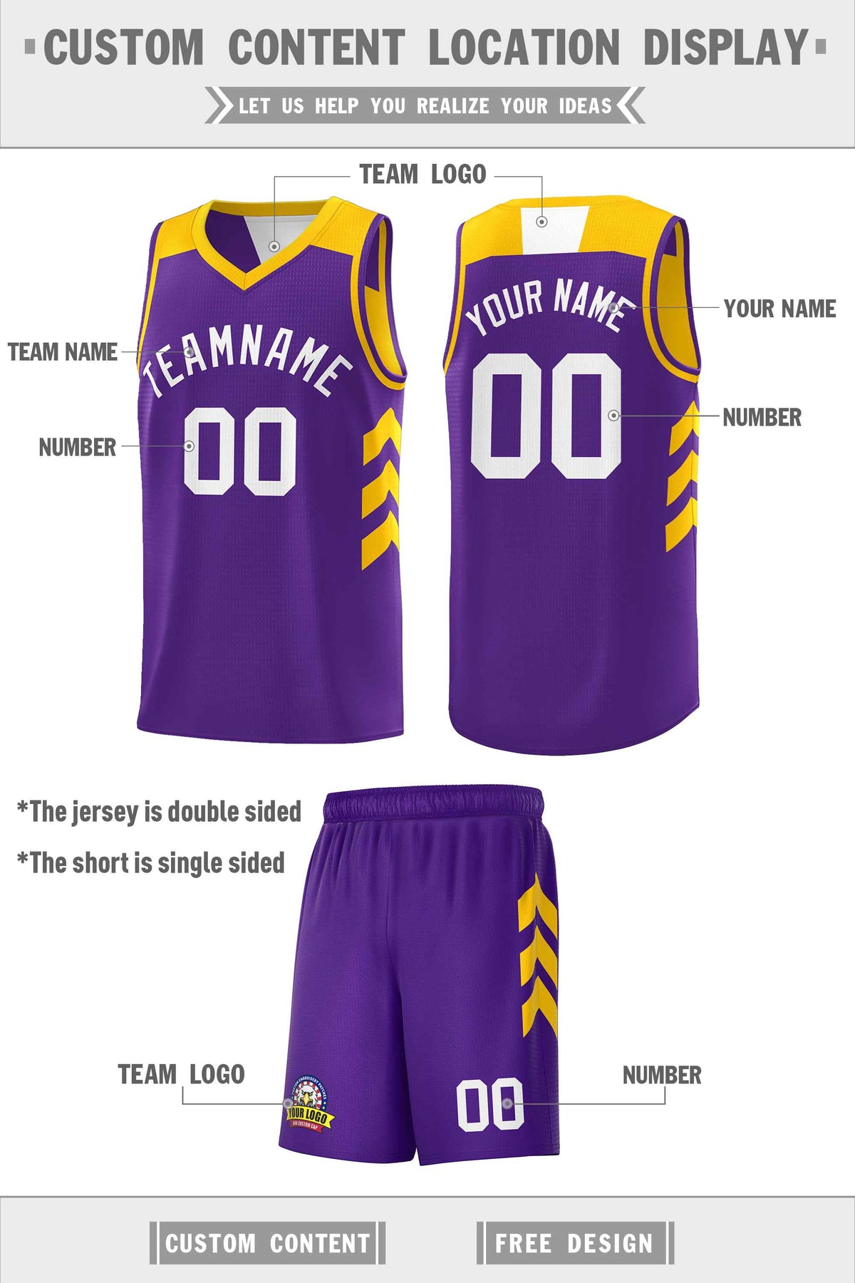 Custom Purple Yellow Double Side Sets Personalized Basketball Jersey