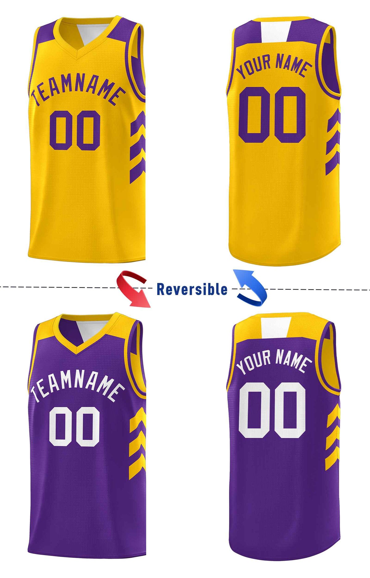 Custom Purple Yellow Double Side Sets Personalized Basketball Jersey