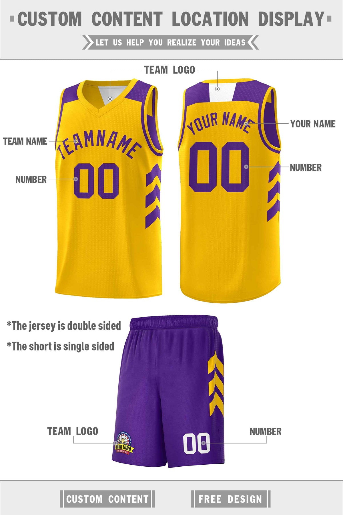 Custom Purple Yellow Double Side Sets Personalized Basketball Jersey