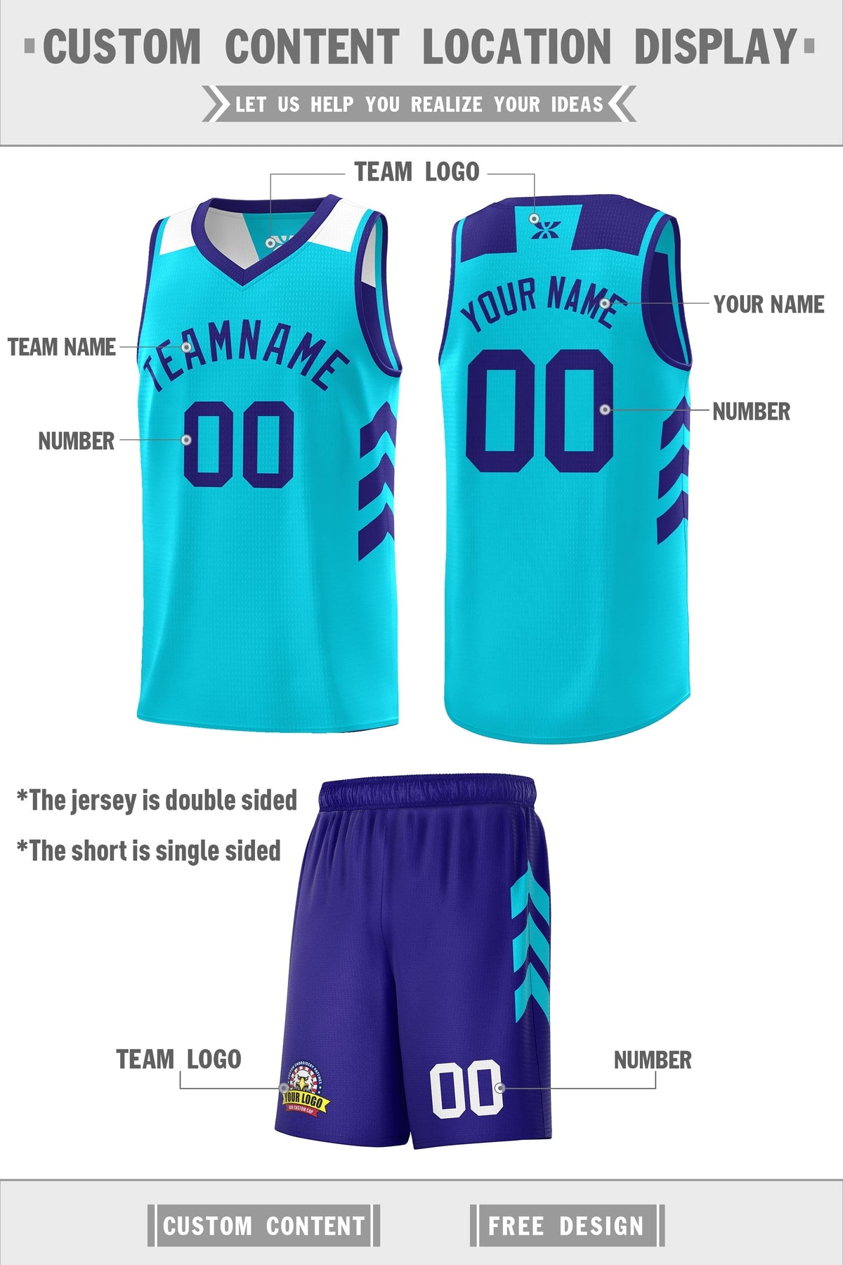 Custom Purple Aqua Double Side Sets Personalized Basketball Jersey