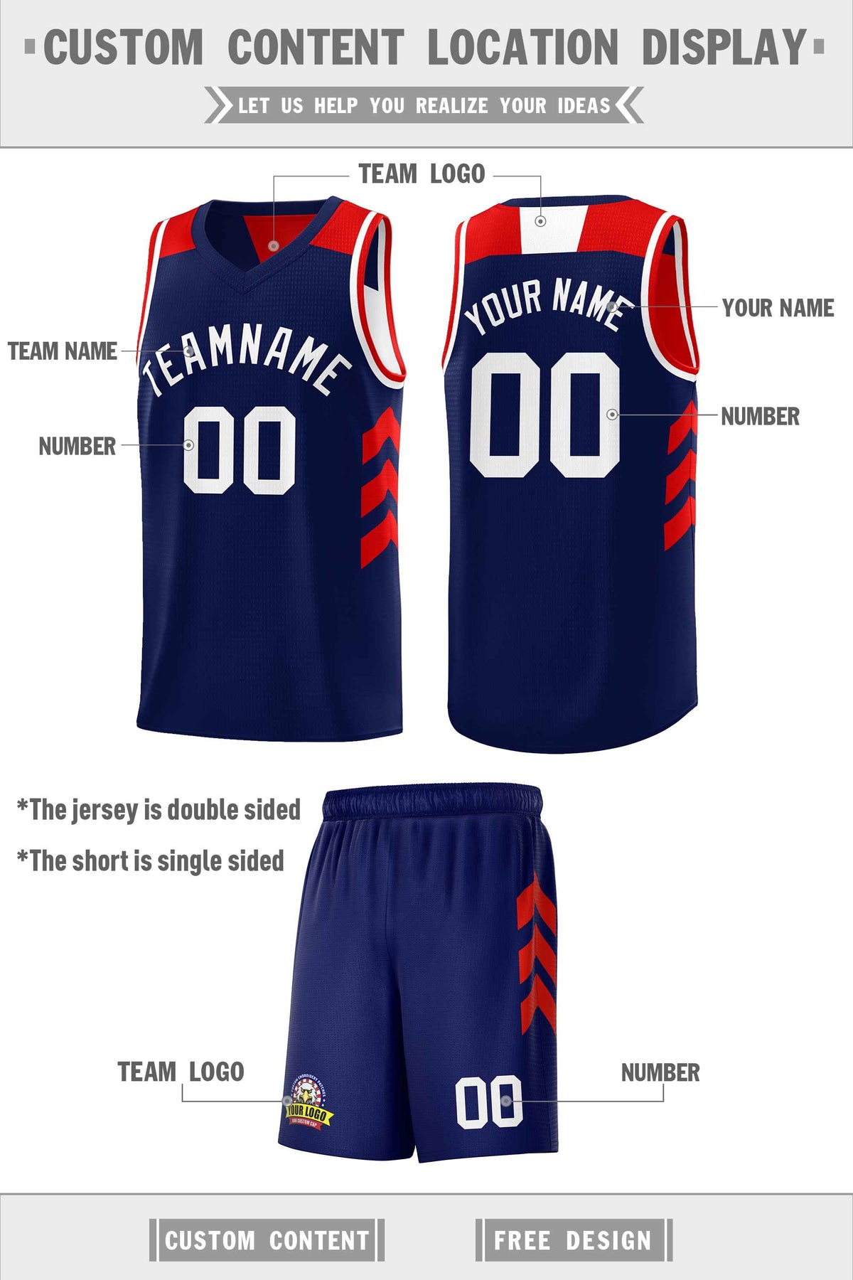 Custom Navy White-Red Double Side Sets Personalized Basketball Jersey