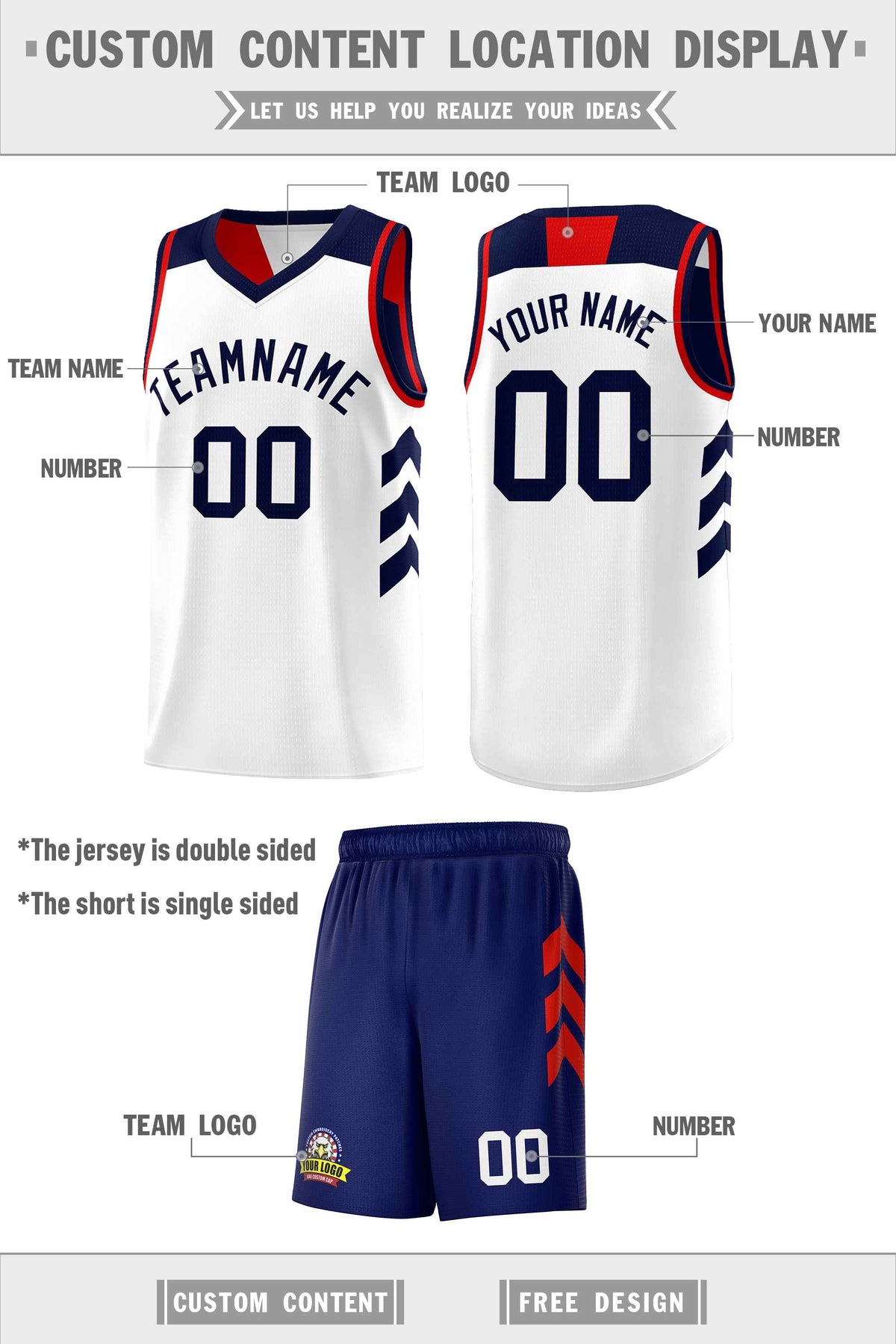 Custom Navy White-Red Double Side Sets Personalized Basketball Jersey