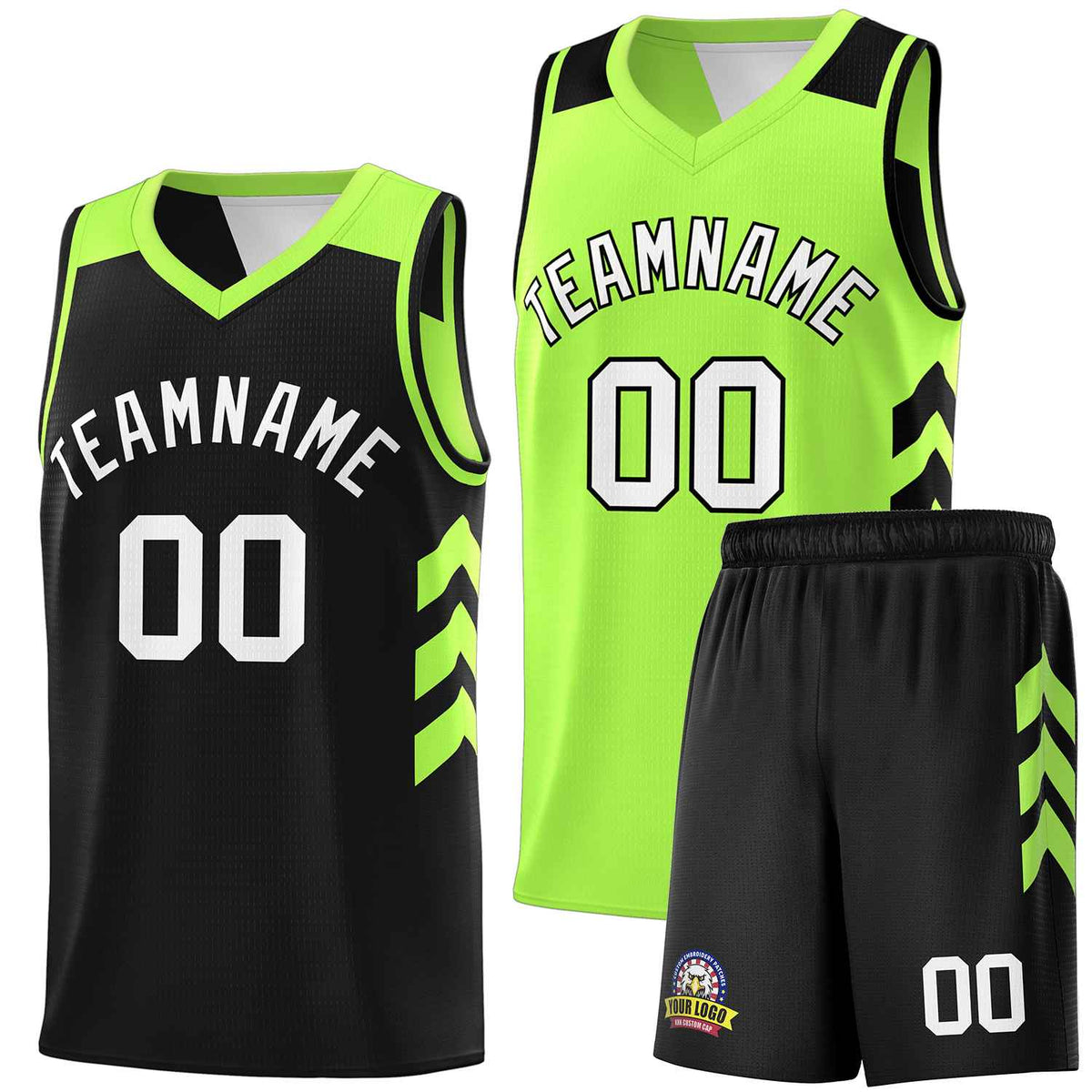 Custom Black Neon Green-White Double Side Sets Personalized Basketball Jersey
