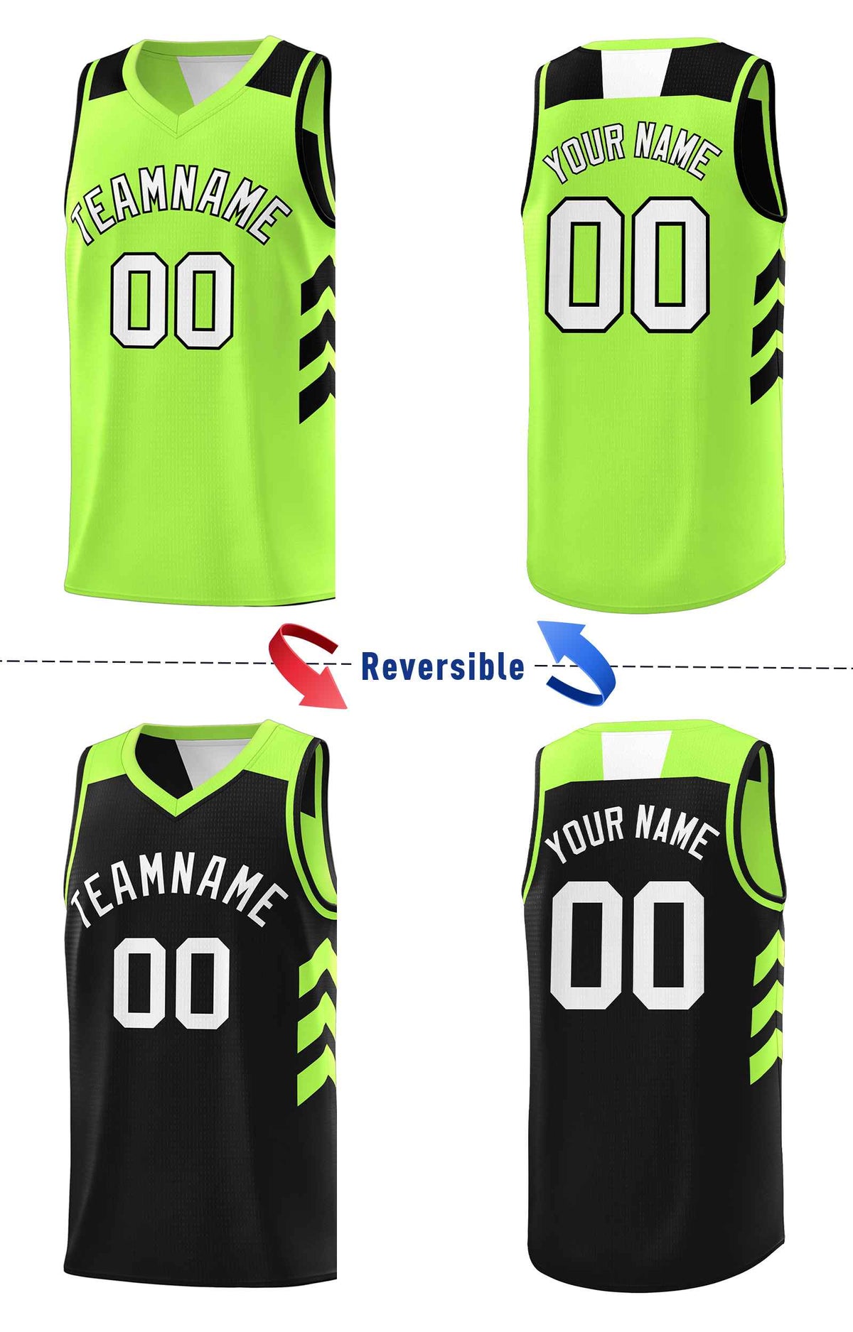 Custom Black Neon Green-White Double Side Sets Personalized Basketball Jersey