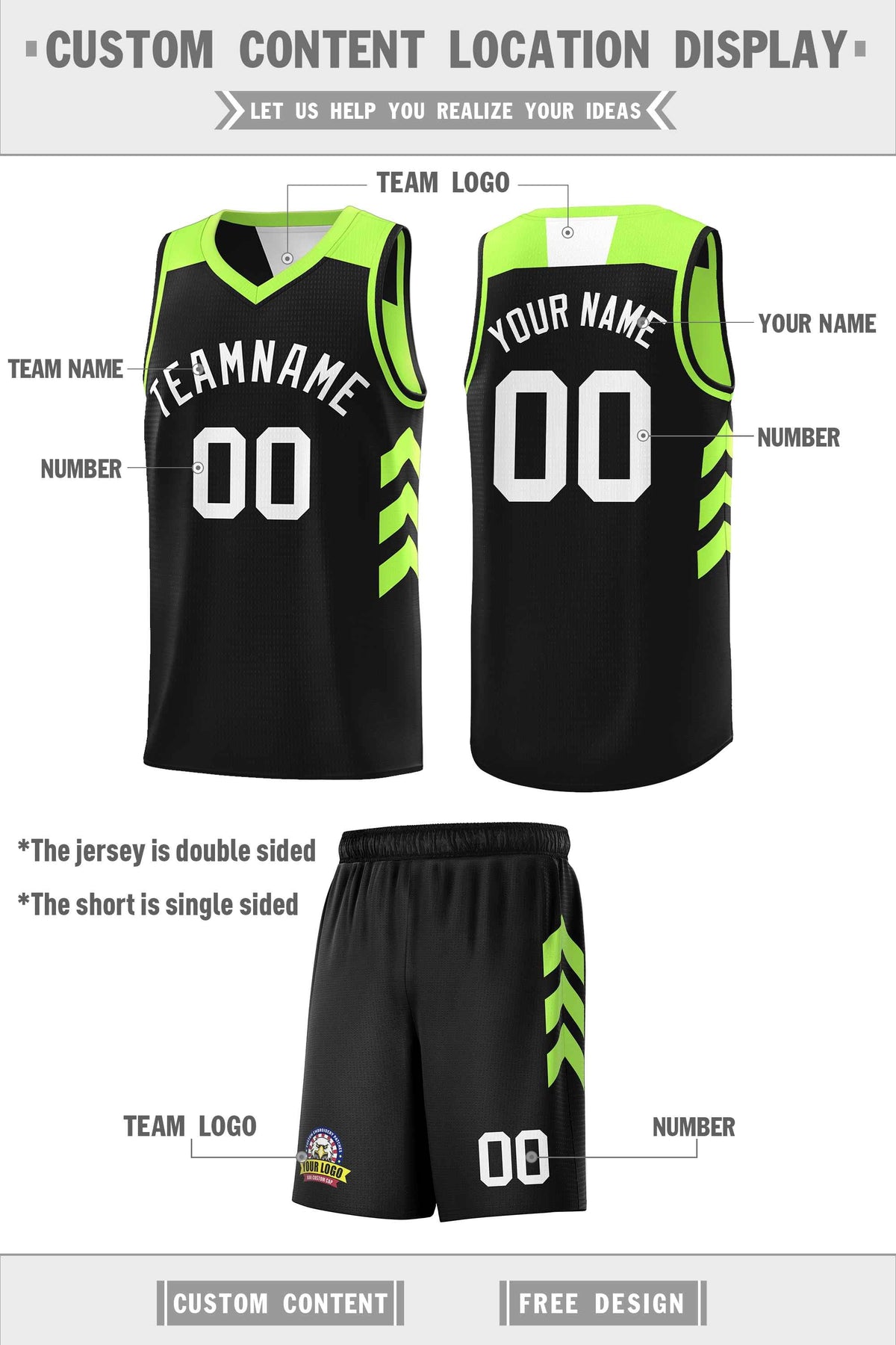 Custom Black Neon Green-White Double Side Sets Personalized Basketball Jersey