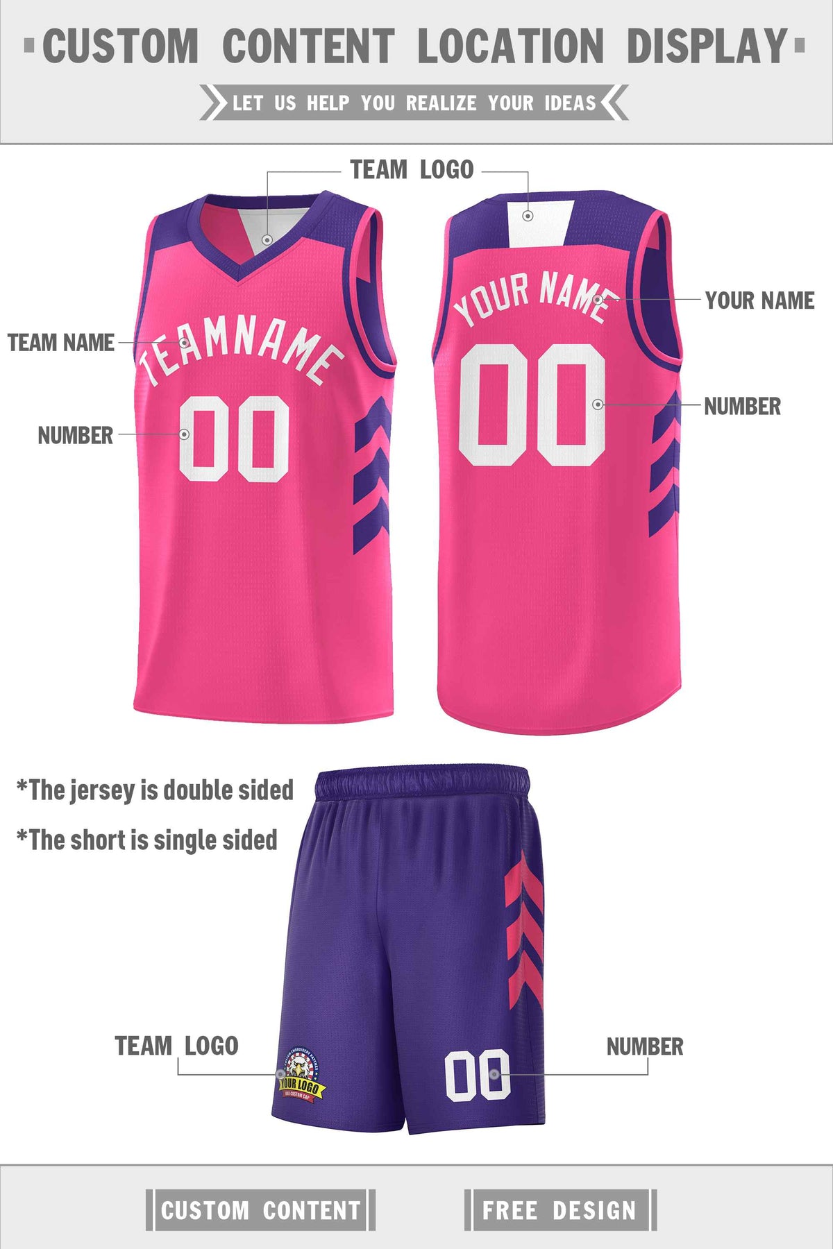 Custom Pink Purple-White Double Side Sets Personalized Basketball Jersey