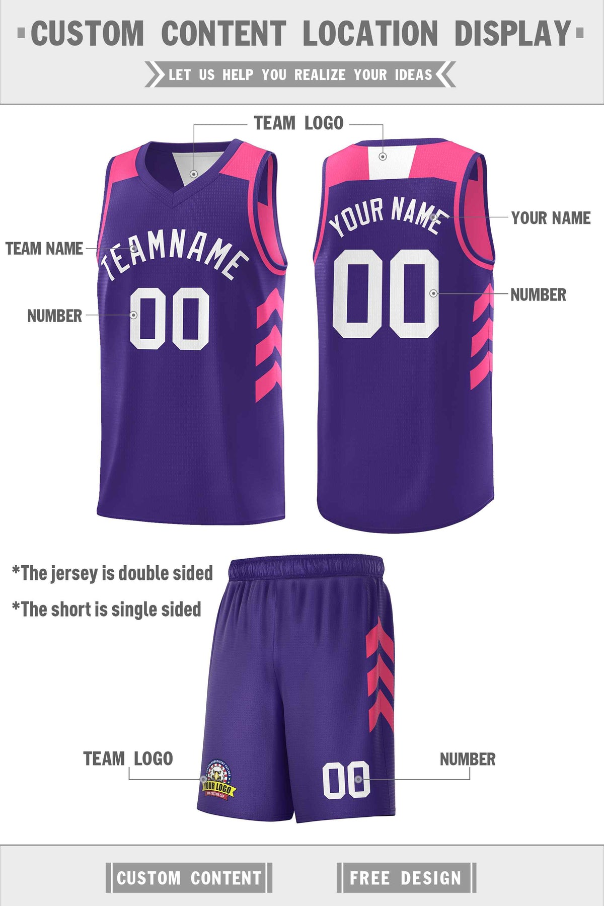 Custom Pink Purple-White Double Side Sets Personalized Basketball Jersey