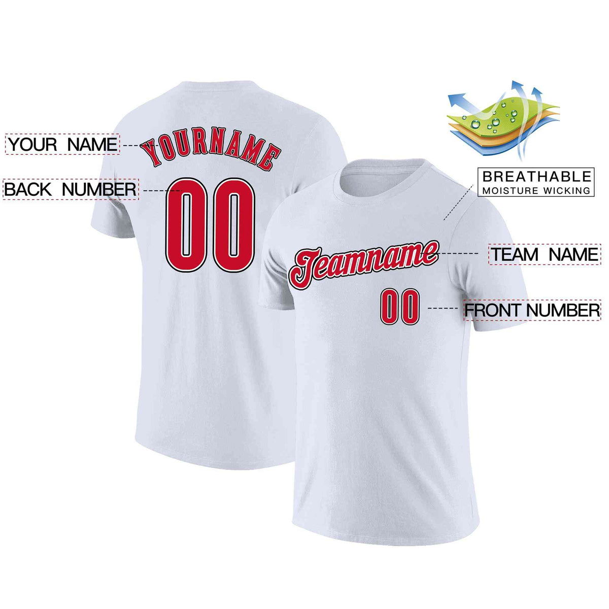 Custom White Red-White Classic Style Crew neck T-Shirts Full Sublimated