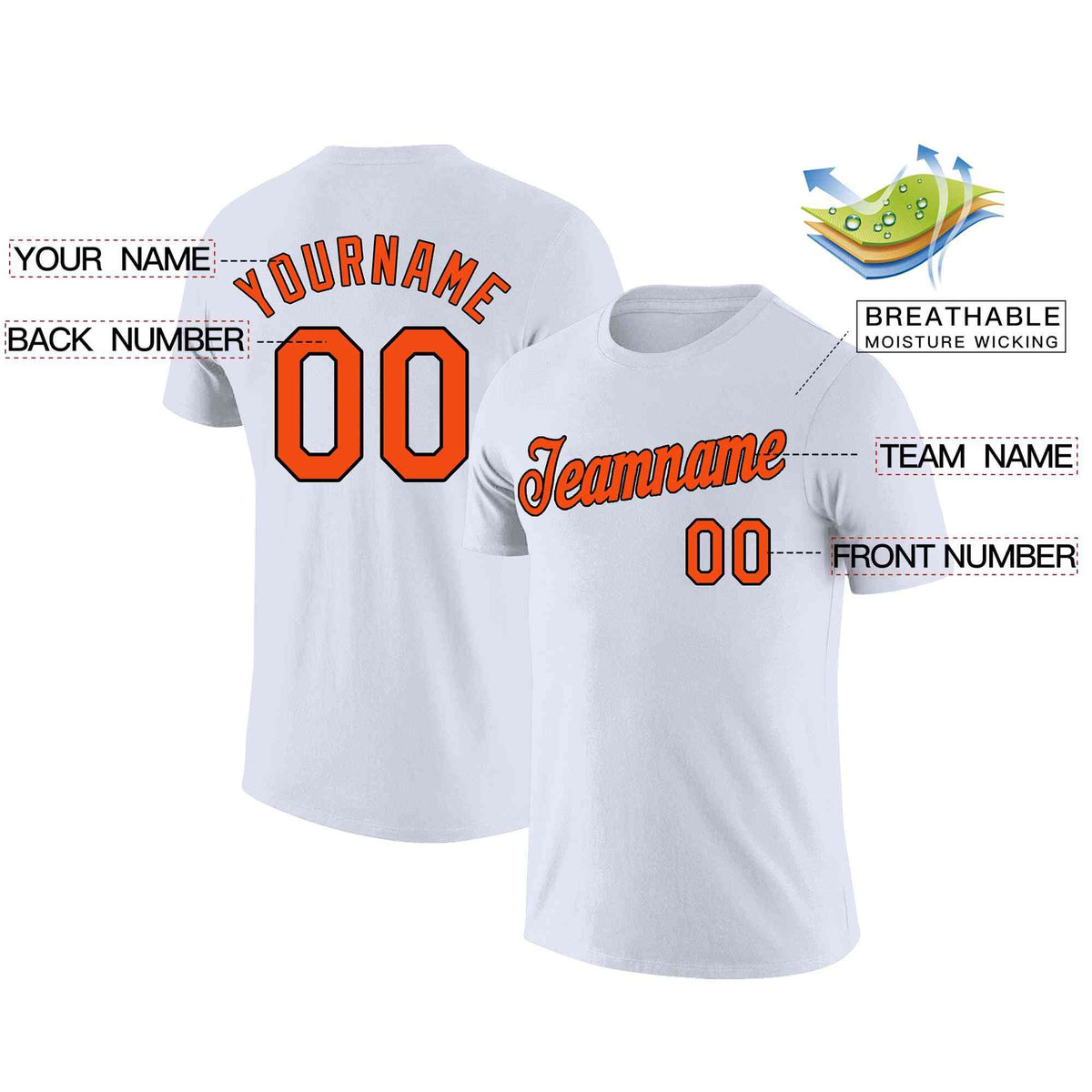Custom White Orange-Black Classic Style Crew neck T-Shirts Full Sublimated