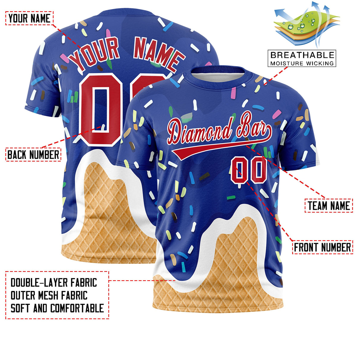 Custom Royal Ice Cream Cone Graffiti Pattern Fashion Crew neck T-Shirts Full Sublimated