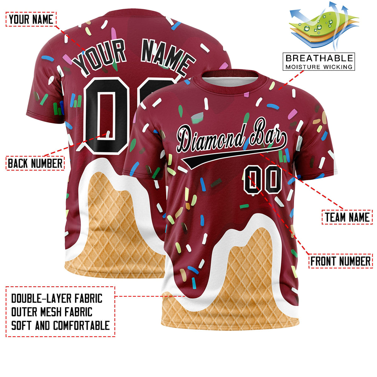 Custom Crimson Ice Cream Cone Graffiti Pattern Fashion Crew neck T-Shirts Full Sublimated