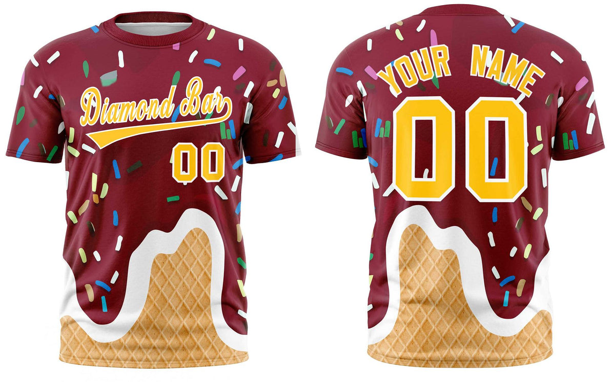 Custom Crimson Ice Cream Cone Graffiti Pattern Fashion Crew neck T-Shirts Full Sublimated