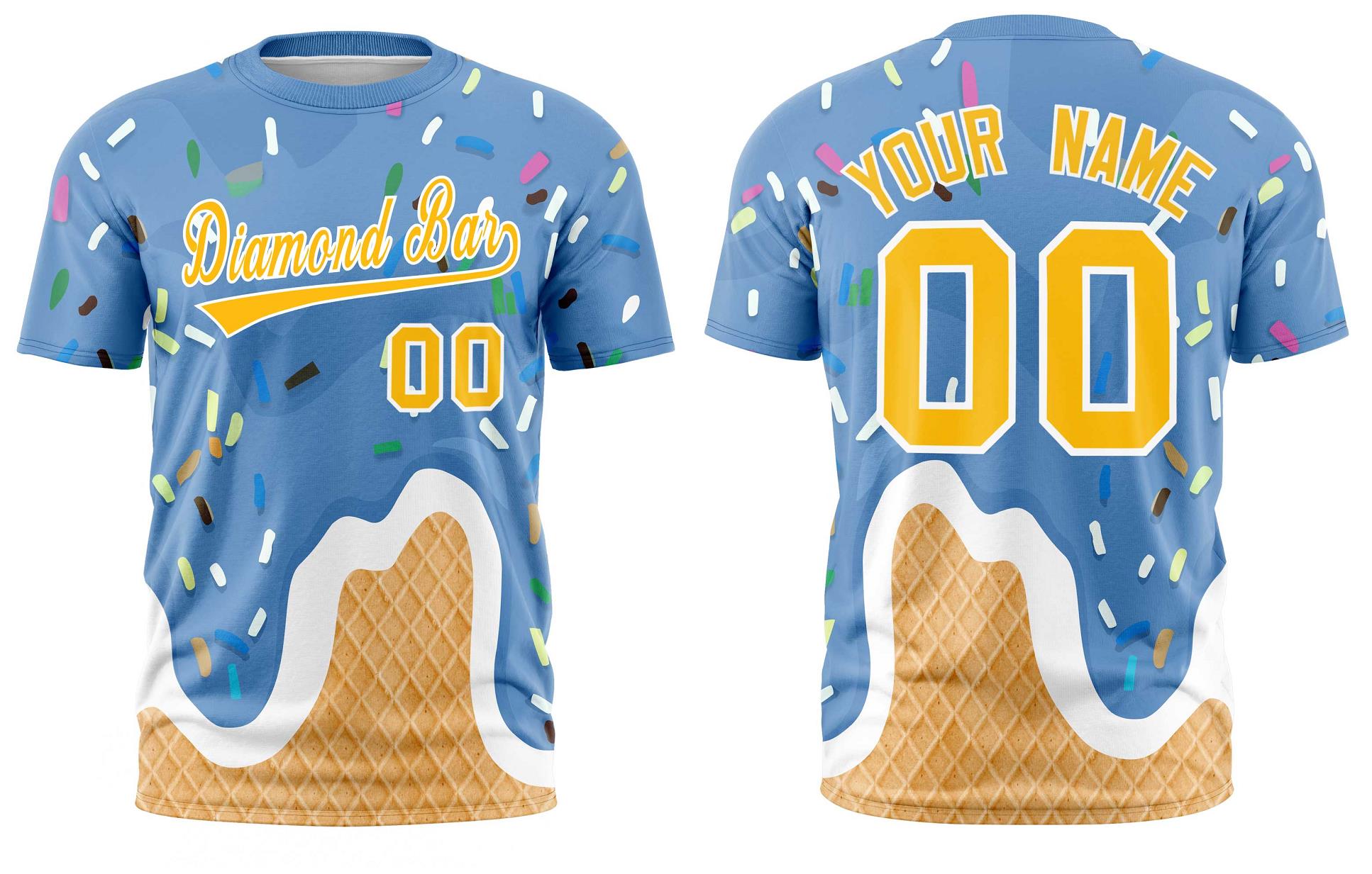 Custom Powder Blue Ice Cream Cone Graffiti Pattern Fashion Crew neck T-Shirts Full Sublimated