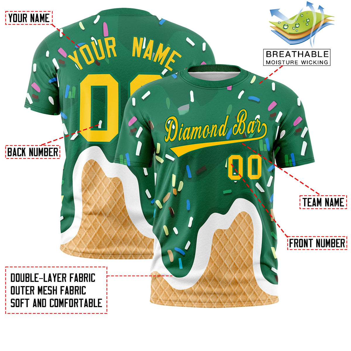 Custom Kelly Green Ice Cream Cone Graffiti Pattern Fashion Crew neck T-Shirts Full Sublimated