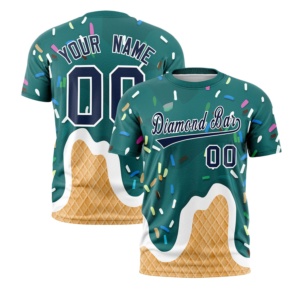 Custom Aqua Ice Cream Cone Graffiti Pattern Fashion Crew neck T-Shirts Full Sublimated