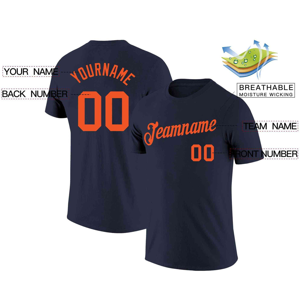 Custom Navy Orange Classic Style Crew neck T-Shirts Full Sublimated