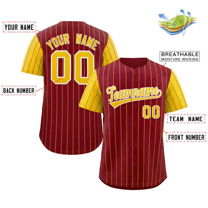 Custom Crimson Gold-White Stripe Fashion Raglan Sleeves Authentic Baseball Jersey