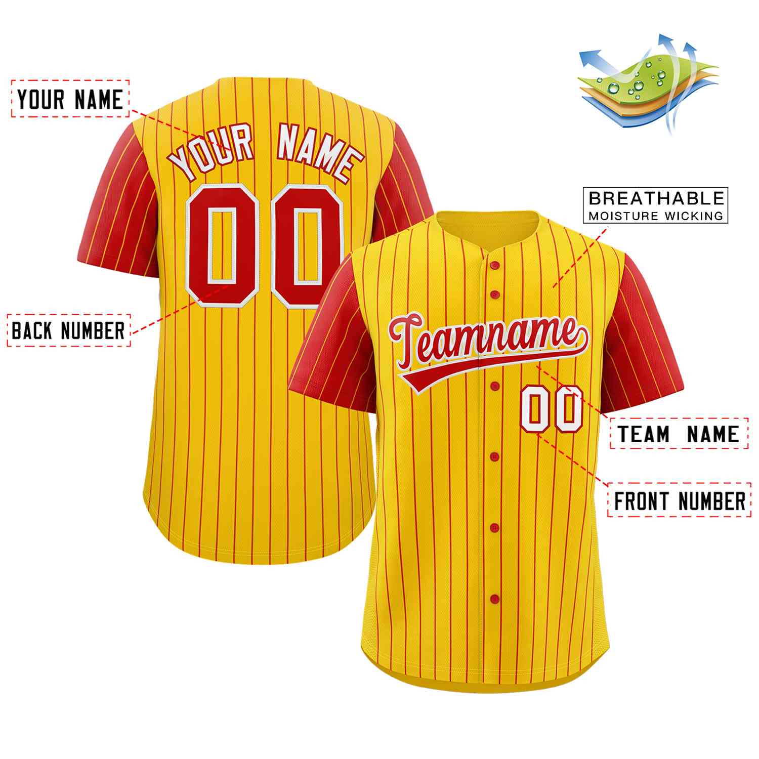Custom Gold Red-White Stripe Fashion Raglan Sleeves Authentic Baseball Jersey