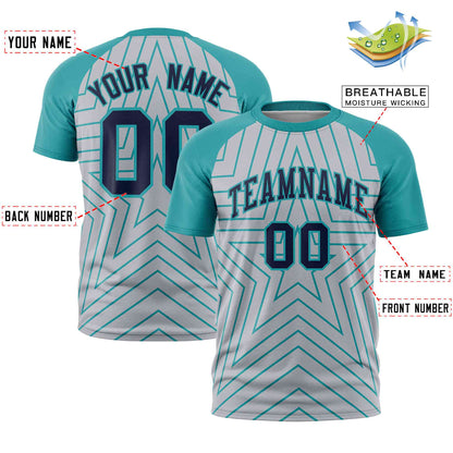Custom Gray Aqua Personalized Star Pattern Raglan Sleeves Performance T-Shirt