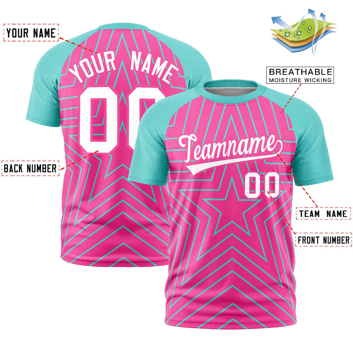 Custom Pink Aqua Personalized Star Pattern Raglan Sleeves Performance T-Shirt