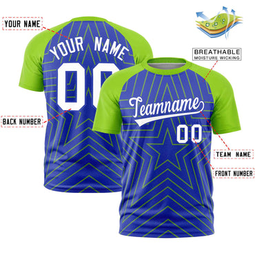Custom Royal Neon Green Personalized Star Pattern Raglan Sleeves Performance T-Shirt