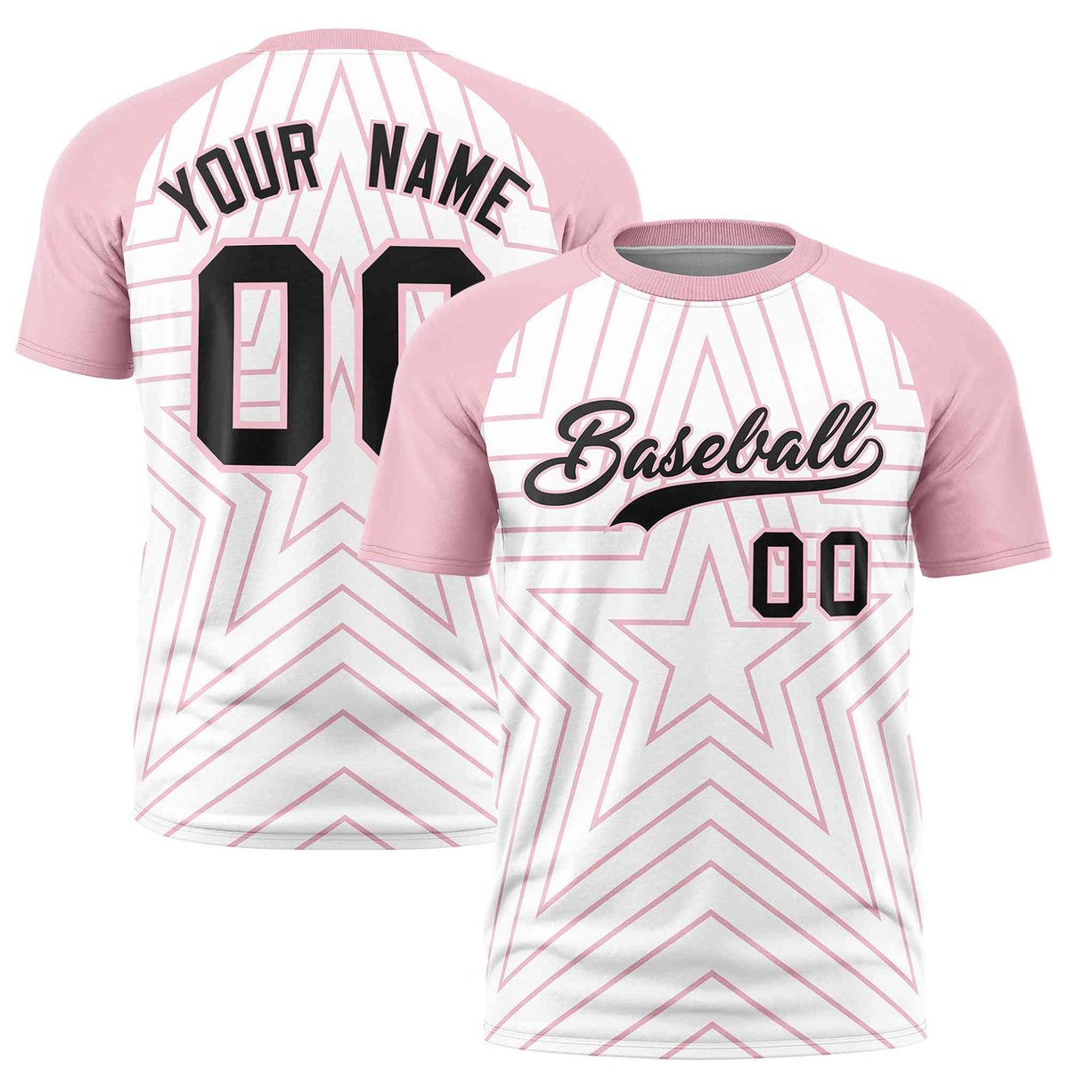 Custom White Light Pink Personalized Star Pattern Raglan Sleeves Performance T-Shirt