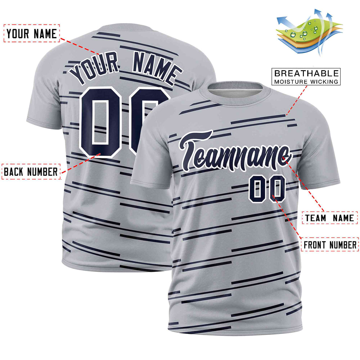 Custom Gray Navy Personalized Slanting Line Graffiti Pattern Performance T-Shirt