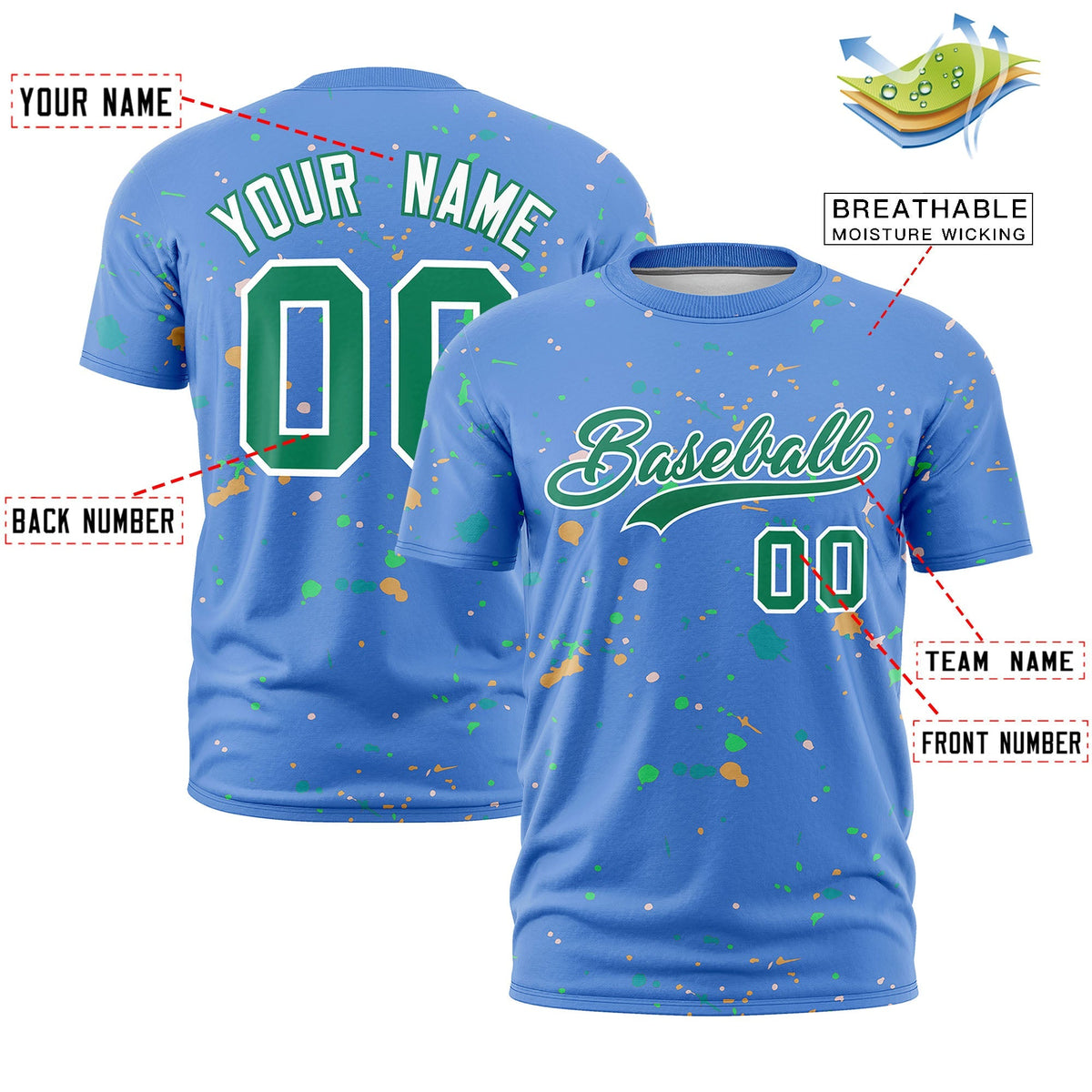 Custom Light Blue Kelly Green White Spray Painting Graffiti Pattern Personalization T-shirt| KXKSHOP