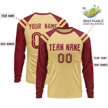 Custom Khaki Crimson-Khaki Crew Neck Personalized Raglan Long Sleeve Performance T-Shirt