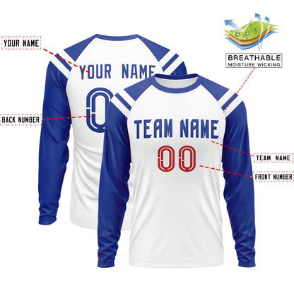 Custom White Royal-White Crew Neck Personalized Raglan Long Sleeve Performance T-Shirt