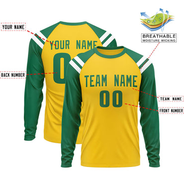 Custom Gold Kelly Green-White Crew Neck Personalized Raglan Long Sleeve Performance T-Shirt