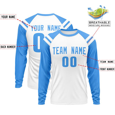 Custom White Powder Blue-White Crew Neck Personalized Raglan Long Sleeve Performance T-Shirt